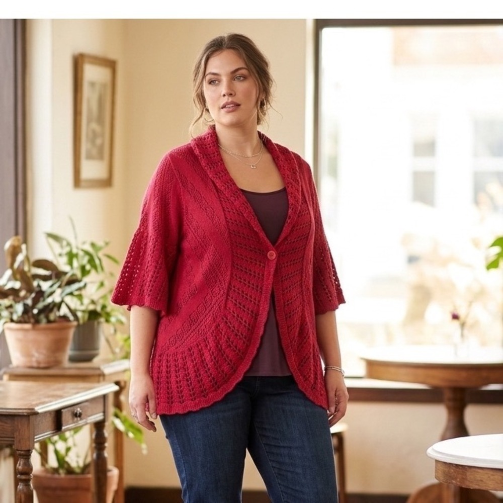 Antthony Original Red Pointelle Knit Shawl Collar Cardigan‎ Plus Sz 3X Short Slv